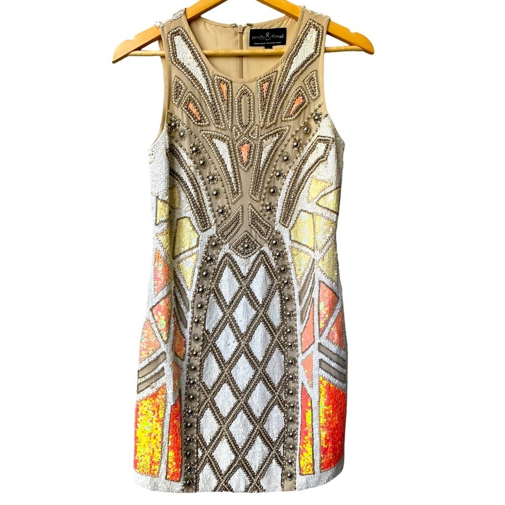 Needle and Thread Off White Sequins Embellished Short Formal Mini Dress